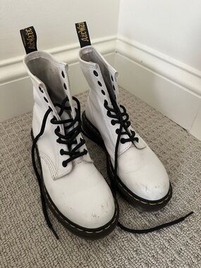 White Leather Doc Martin Combat Boots with Yellow Stitching
